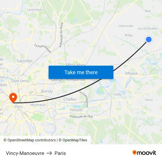 Vincy-Manoeuvre to Paris map