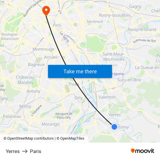 Yerres to Paris map