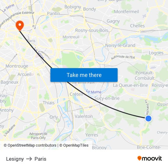 Lesigny to Paris map