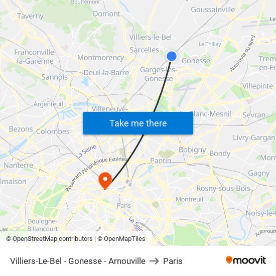 Villiers-Le-Bel - Gonesse - Arnouville to Paris map