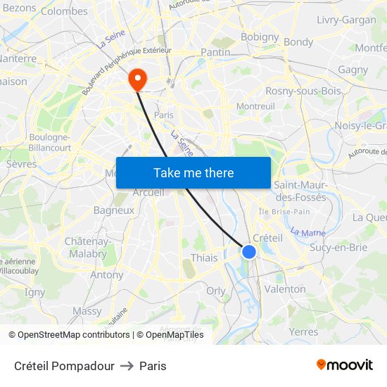 Créteil Pompadour to Paris map