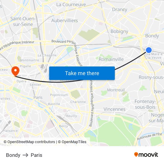 Bondy to Paris map