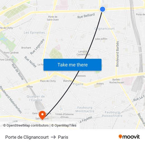 Porte de Clignancourt to Paris map