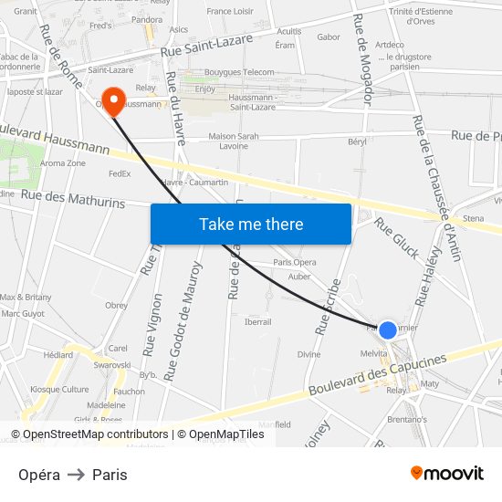Opéra to Paris map