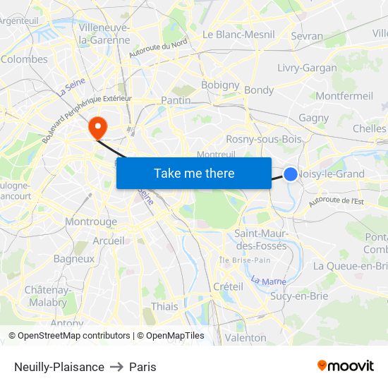 Neuilly-Plaisance to Paris map