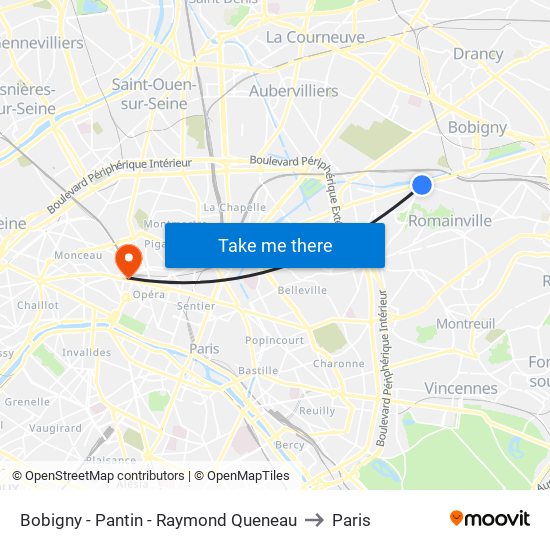 Bobigny - Pantin - Raymond Queneau to Paris map