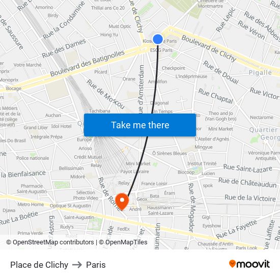 Place de Clichy to Paris map