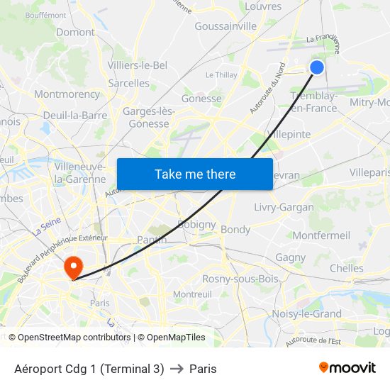Aéroport Cdg 1 (Terminal 3) to Paris map