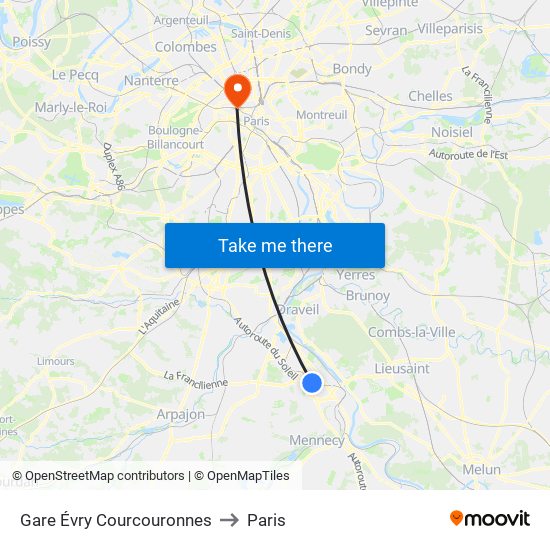 Gare Évry Courcouronnes to Paris map