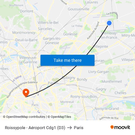 Roissypole - Aéroport Cdg1 (D3) to Paris map