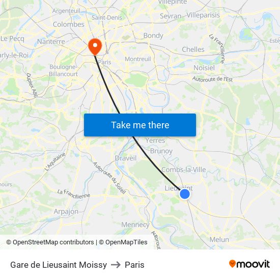 Gare de Lieusaint Moissy to Paris map