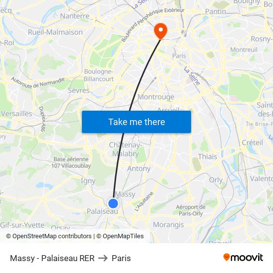 Massy - Palaiseau RER to Paris map