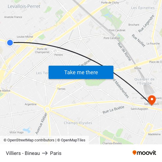 Villiers - Bineau to Paris map
