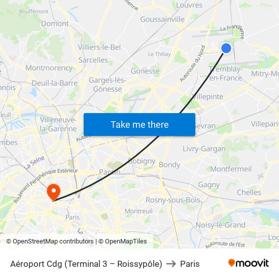 Aéroport Cdg (Terminal 3 – Roissypôle) to Paris map