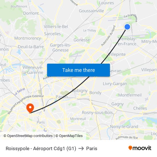 Roissypole - Aéroport Cdg1 (G1) to Paris map