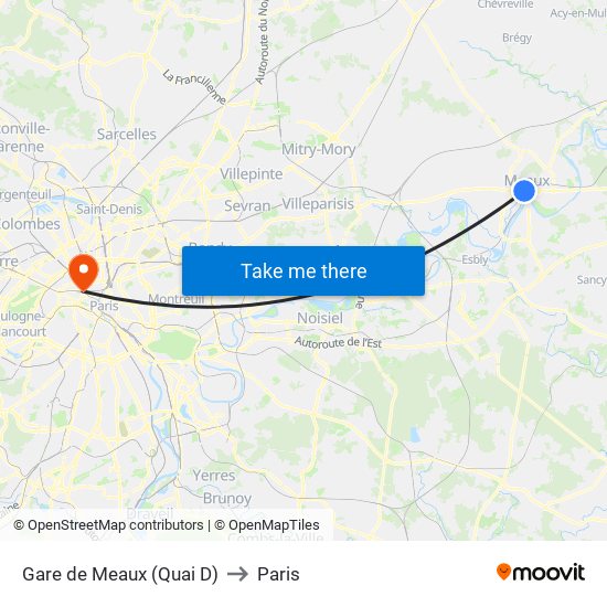 Gare de Meaux (Quai D) to Paris map