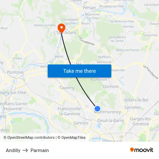 Andilly to Parmain map