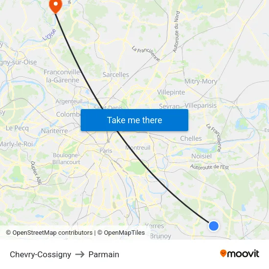 Chevry-Cossigny to Parmain map