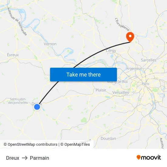 Dreux to Parmain map