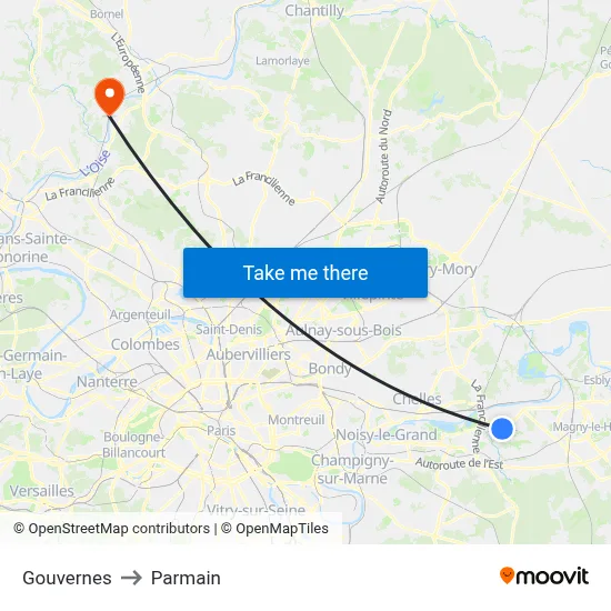 Gouvernes to Parmain map