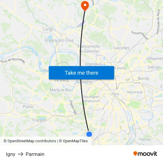 Igny to Parmain map