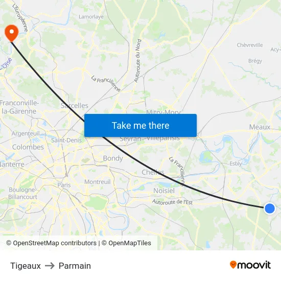 Tigeaux to Parmain map