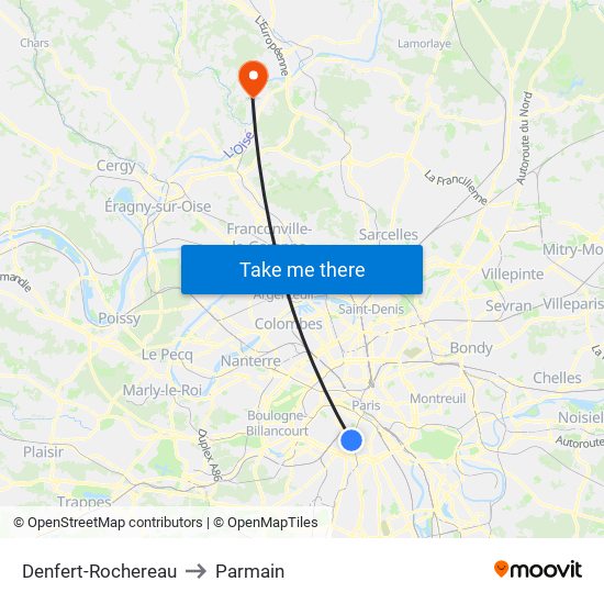 Denfert-Rochereau to Parmain map