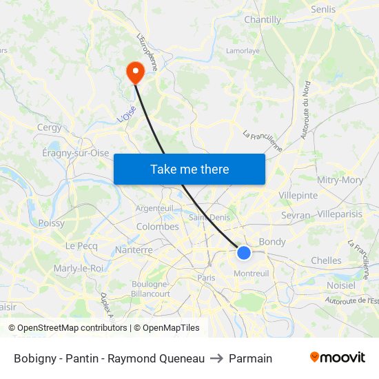 Bobigny - Pantin - Raymond Queneau to Parmain map