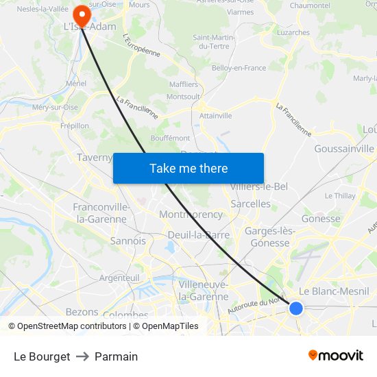 Le Bourget to Parmain map