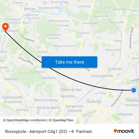 Roissypole - Aéroport Cdg1 (D3) to Parmain map