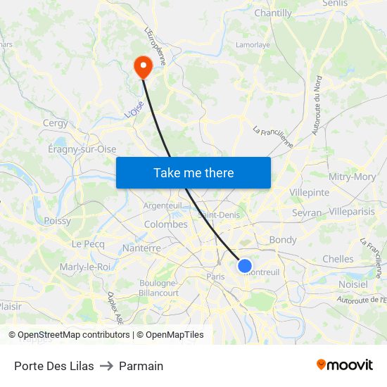Porte Des Lilas to Parmain map