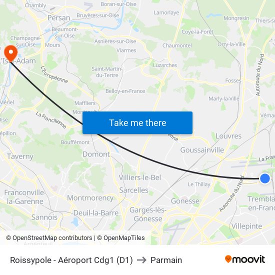 Roissypole - Aéroport Cdg1 (D1) to Parmain map