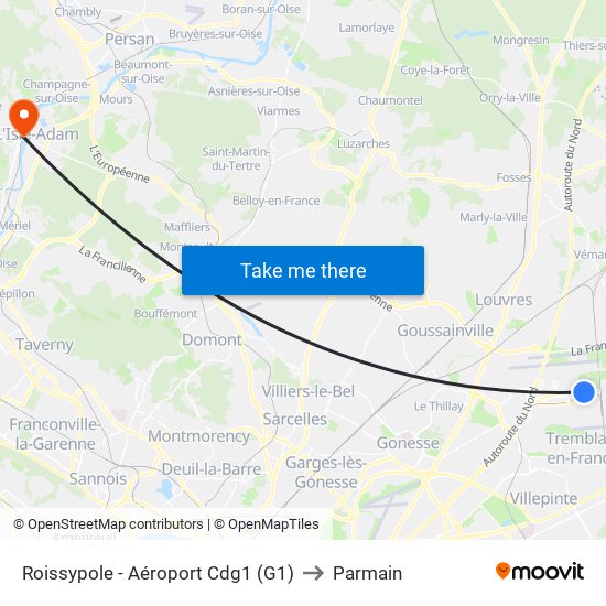 Roissypole - Aéroport Cdg1 (G1) to Parmain map