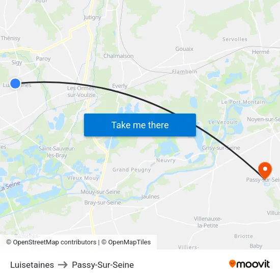 Luisetaines to Passy-Sur-Seine map