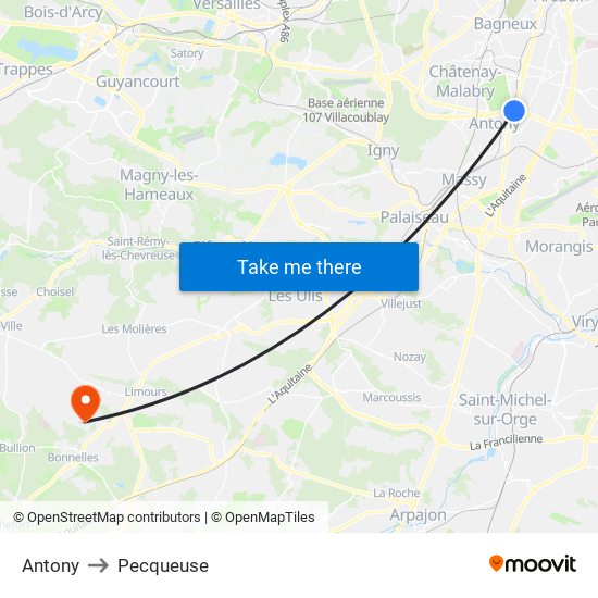 Antony to Pecqueuse map