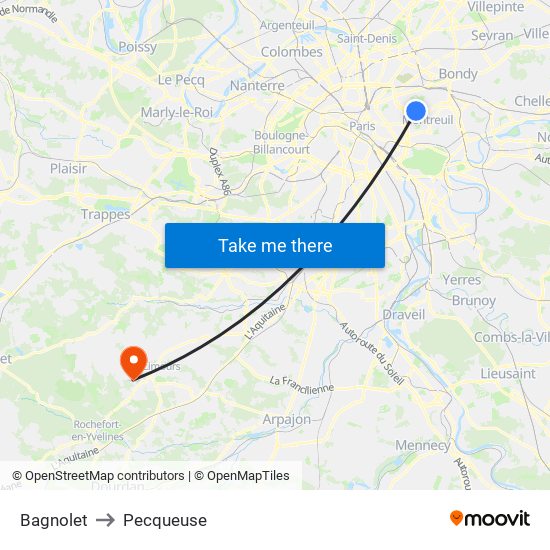 Bagnolet to Pecqueuse map
