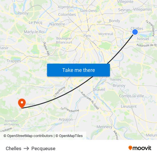 Chelles to Pecqueuse map