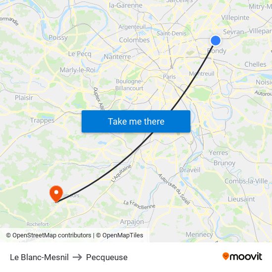 Le Blanc-Mesnil to Pecqueuse map