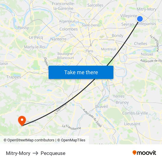 Mitry-Mory to Pecqueuse map