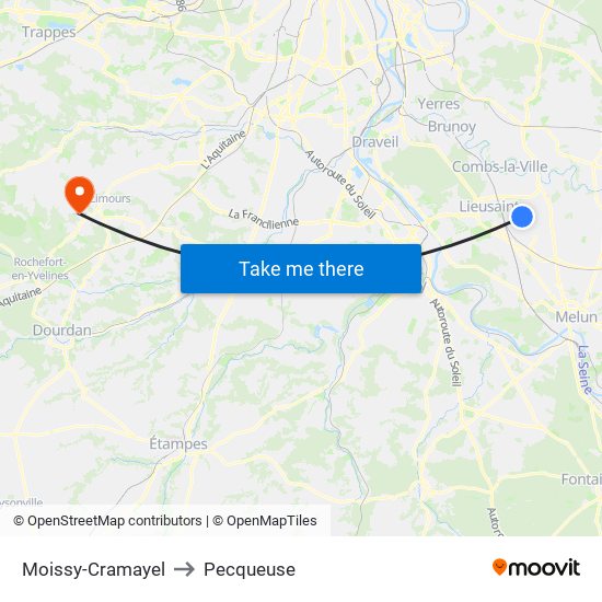 Moissy-Cramayel to Pecqueuse map