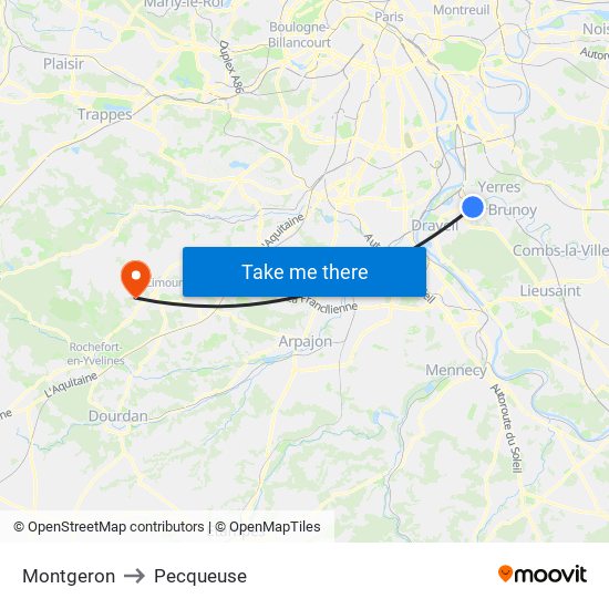 Montgeron to Pecqueuse map
