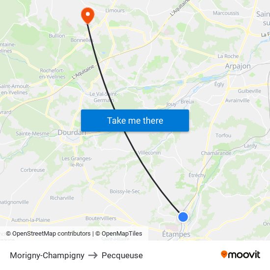 Morigny-Champigny to Pecqueuse map