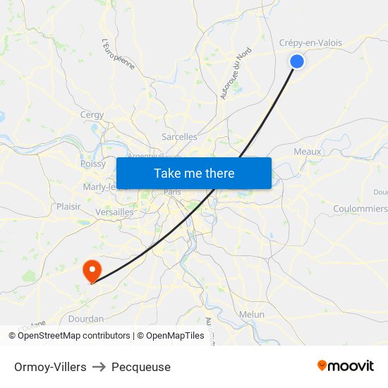 Ormoy-Villers to Pecqueuse map