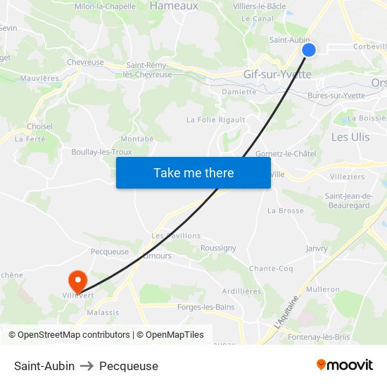 Saint-Aubin to Pecqueuse map