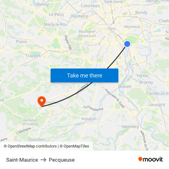 Saint-Maurice to Pecqueuse map