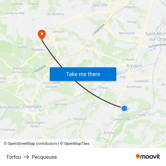 Torfou to Pecqueuse map