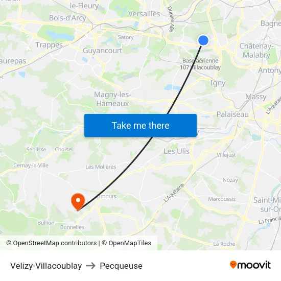 Velizy-Villacoublay to Pecqueuse map