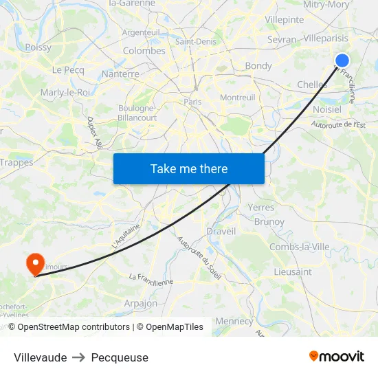 Villevaude to Pecqueuse map
