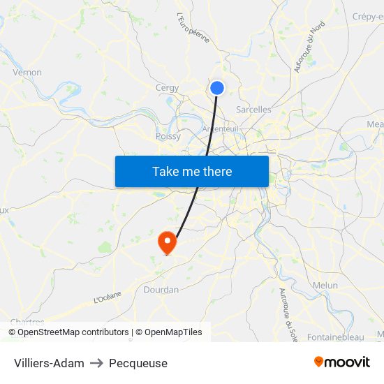 Villiers-Adam to Pecqueuse map