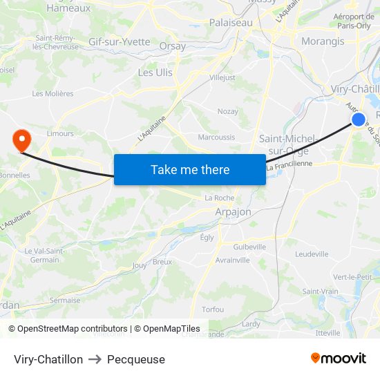 Viry-Chatillon to Pecqueuse map